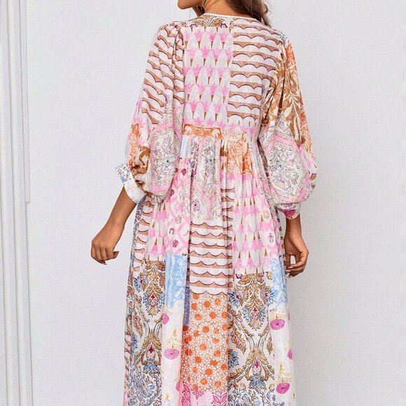 Multicolor Boho Women's Lantern Sleeve Maxi Dress V Neck Tie Patchwork Print - Picture 2 of 5
